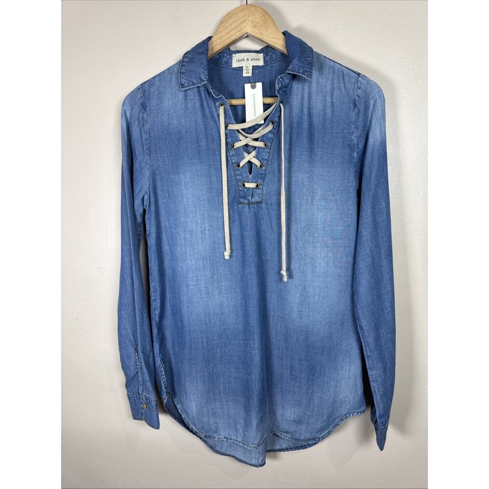 NWT Cloth & Stone Anthropologie Womens Shirt MSRP $98 Lace Front Chambray XS